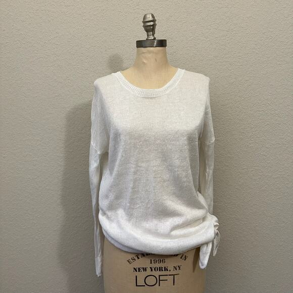 WHITE + WARREN Knotted Crew Neck Sweater White Linen LS Open Knit - Picture 1 of 11